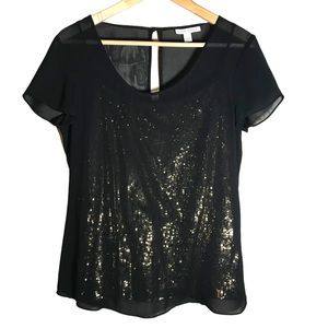 Banana Republic NEW Top Dressy Glam Black Sheer Overlay Gold Sequin Tank Small